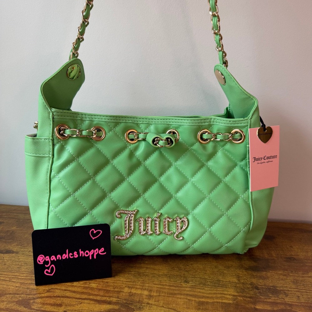 New Juicy Couture Fashion Icon Bucket Tote Handbag Green Gold Cute Chain Quilted